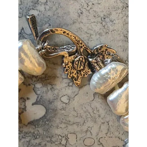 Biwa Pearl Necklace Sterling Silver Leaf & Vine Toggle Clasp 18" - Picture 12 of 12